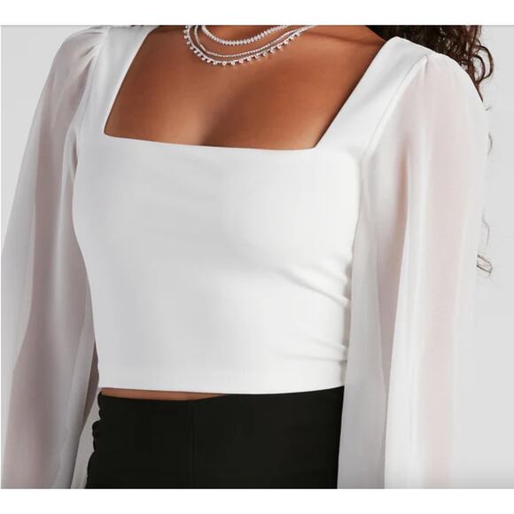 Windsor XS White Sheer Chiffon Long Sleeve Square Neck Crop Top Blouse - Picture 2 of 8